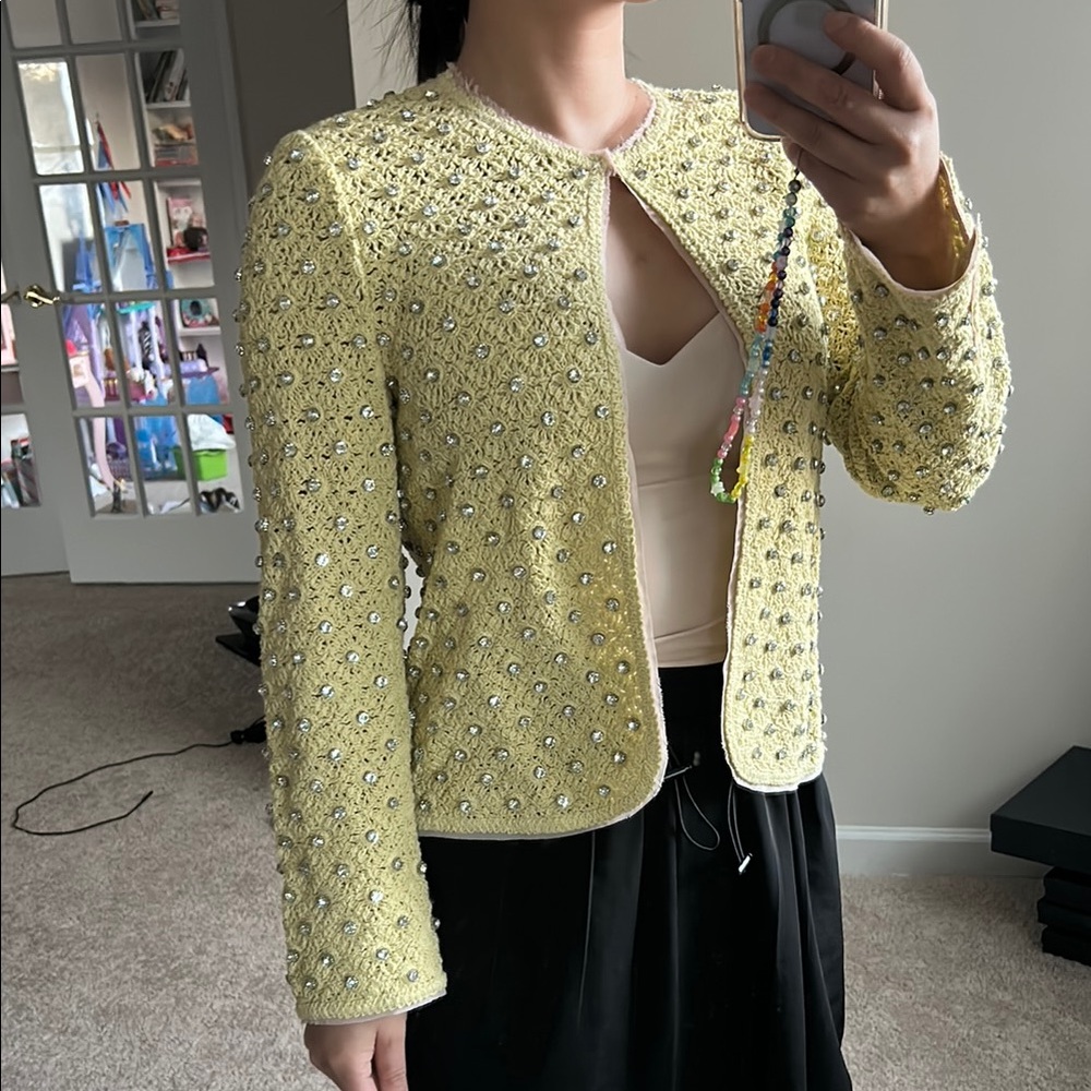 Zara Yellow Embellished Tweed-Style Cardigan